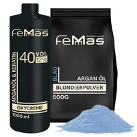 FeMmas Blondier-Set 12% I Blaues Blondierpulver 500g & Oxycreme Entwickler 1000 ml I Perfektes Starterset für die Aufhellung zuhause I Für eine Blondierung um bis zu 9 Tonstufen in Salon-Qualität
