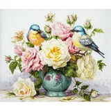 Luca-S Kreuzstich Stickpackung Vase mit Rosen und Vögel, Zählmuster