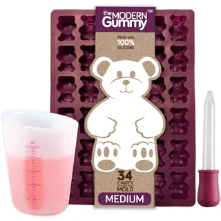 Medium Size Gummy Bear Mold with Bonus Pinch & Pour Cup + Dropper - by the Modern Gummy; Gelatin Gummy Recipe on Package & Full Recipe PDF via EMAIL, Professional Grade Pure LFGB Silicone