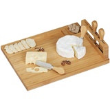 Relaxdays Käsebrett mit Besteck, Käseplatte mit Käsegabel und-Messer aus Edelstahl, Bambus Käsescheidenbrett, Natur