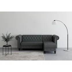 Ecksofa DOREL HOME "Felix, L-Form, 241 cm (Liegefl.108x195 cm), Recamiere tauschbar", grau, B:241cm H:83cm T:154cm, Sofas, verstellb. Rückenlehne, Bett-Funktion, Velours, Kunstleder, Vintage