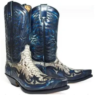 SIULAS Western Cowboy Stiefel - Low Heel Mid Tube Ritter Stiefel - Vintage Leder Stickerei Western Cowboy Biker Stiefel,Blau,48 - 48 EU
