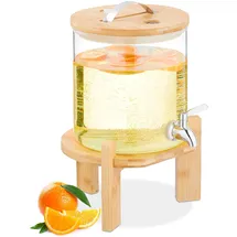 Relaxdays Getränkespender, 5 Liter, Kalt- & Heißgetränke, Bambus-Ständer, Thermometer, Bowle-Gefäß, transparent/Natur