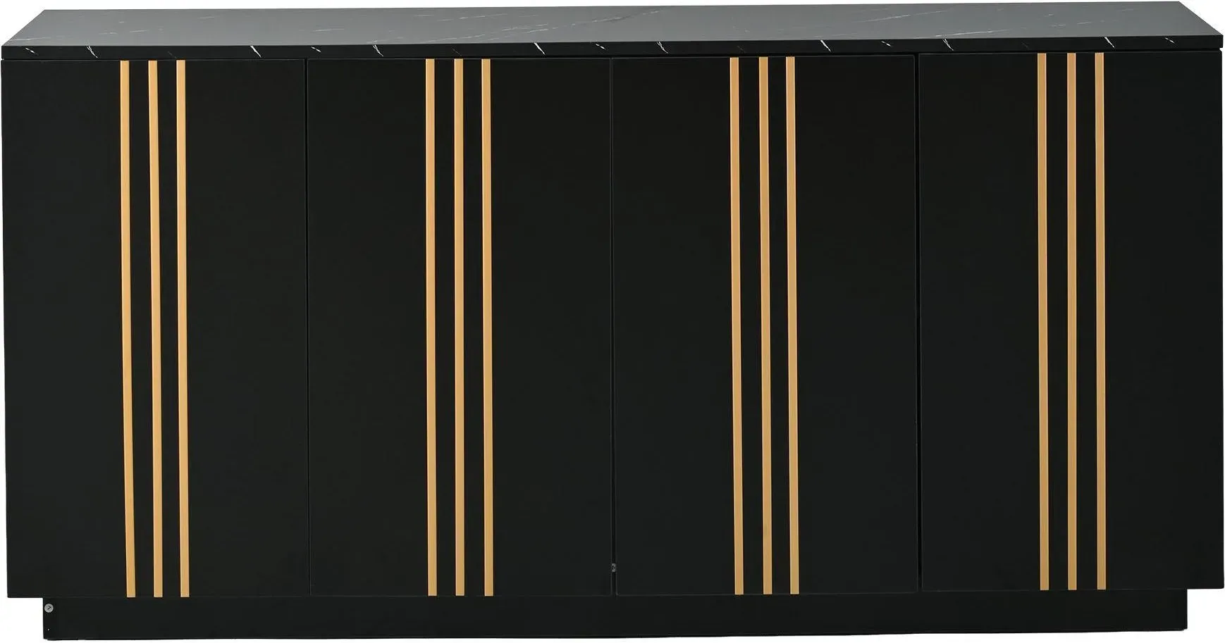 Wohnzimmer-Sideboard mit 4 Türen, elegante goldfarbene Zierleisten, freistehend, 35x140x70 cm, Schwarz