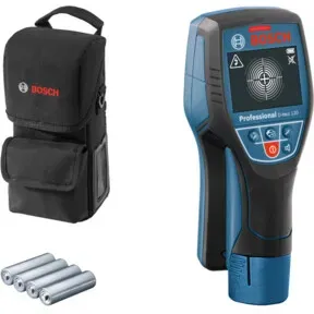 Bosch Professional Ortungsgerät D‑tect 120 (4 x AA Batterien, max. Ortungstiefe für Kunststoffrohre/Holzunterkonstruktion/spannungsführende Leitungen/Eisenmetalle: 60/38/60/120/120 mm, Schutztasche)