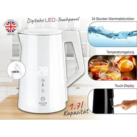 Adler Wasserkocher mit Temperatureinstellung (40-100°C) weiß, LED Touch Dispaly Digital, 2200W, 1,7 Liter 360° Basis - Weiß