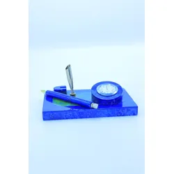 Lapislazuli Schreibtischset mit Uhr und Stifthalter
