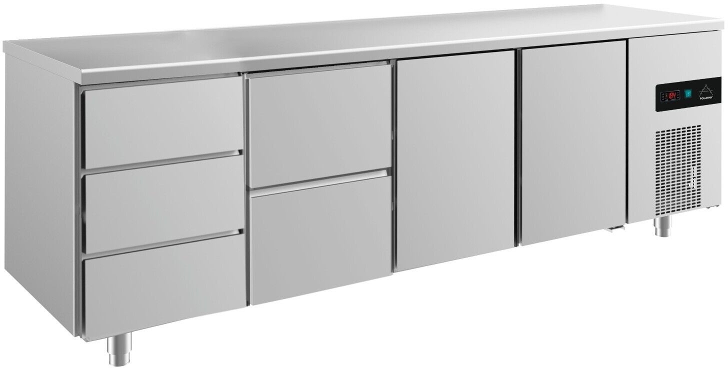 Groju Gastro Kühltisch 2 Türen (Mitte & rechts) 5 Schubladen (Links & Mitte) Umluftkühlung 2330x700x850mm -2/+8°C
