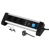 Electraline 62559 Steckdosenleiste 3-Fach Alu für den Schreibtisch + 3 USB 3.4A, Kabel 2m / Mehrfachsteckdose/Tischsteckdose Steckerleiste, Schuko Stecker, Metal, Schwarz, 3 Fach + 3 USB