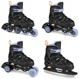 SPOKEY QUATTRO Set 4in1 Inliner/Rollschuhe/Triskates/Schlittschuhe VERSTELLBAR | für Kinder und Jugendliche | Inlineskates umbaubar zu Rollschuhe | Größen: 30-33, 34-37, 38-41 (Schwarz/Violett, 34-37)