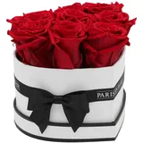Rosenbox Herz Weiß mit Schleife und 8 Bordeaux Rosen