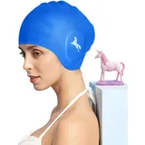 Badekappen für Damen und Herren, Silikon-Badekappe für Herren und Damen mit 3D-Ohrenschutz, wasserdichte Badekappe für langes/kurzes Haar, Bequeme Bademütze aus elastischem Material (Blau)
