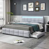 Flieks Polsterbett 180x200cm, Doppelbett mit 4 Schubladen und LED, Jugendbett Massivholzbett mit Lattenrost, Stauraumbett Ehebett, Samt, Grau - Grau