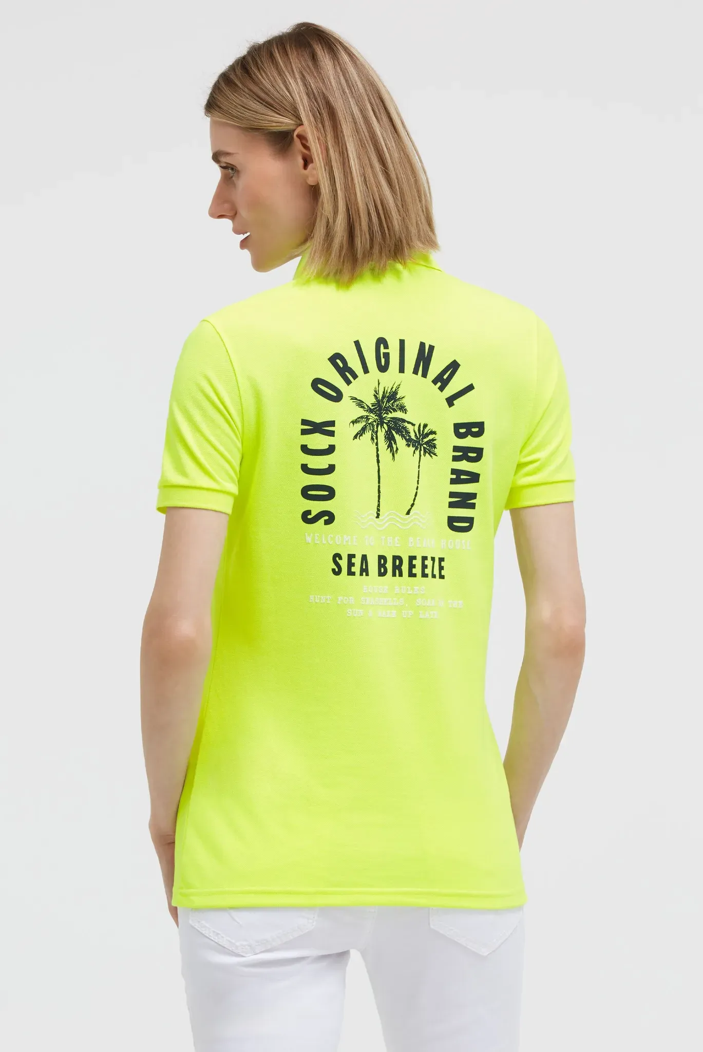 Poloshirt SOCCX, Damen, Gr. L, electric lemon, Piqué, Material: 60% Polyester, 35% Baumwolle, 5% Elasthan, bedruckt, regular fit normal, hoch geschlossener Ausschnitt, eingesetzt Bündchen, Shirts, mit Puff-Print