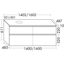 Burgbad Lin20 Waschtischunterschrank inklusive Konsolenplatte, Beckenausschnitt rechts, 4 Auszüge, 1602x487x661mm, SGIF160RF5395, Farbe: Eisblau Matt / Rückwand Anthrazitgrau