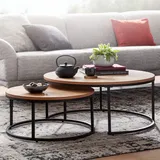 FineBuy Couchtisch FineBuy Sofatisch 2er Set Eiche Holz Metall Satztisch Tisch Rund