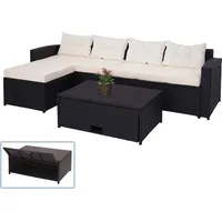 Mendler Poly-Rattan Garnitur HWC-J34, Balkon-/Garten-/Lounge-Set Sitzgruppe Sofa, Staufach ~ schwarz, Kissen creme-beige
