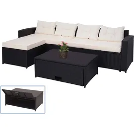 Mendler Poly-Rattan Garnitur HWC-J34, Balkon-/Garten-/Lounge-Set Sitzgruppe Sofa, Staufach ~ schwarz, Kissen creme-beige