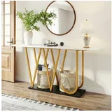 REDOM Esstisch Flurtisch, Küchentisch, Balkontisch (Flurtisch 120 cm mit Marmoroptik Tischplatte, Goldfarbene Metallbeine, Stauraum, 1-St., 120 x 29,5 x 80 cm) weiß