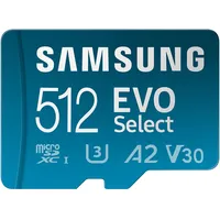 Samsung EVO Select (2024) microSD-Karte + SD-Adapter, 512 GB, Speicherkarte für Smartphone und Tablet, UHS-I U3, 4K UHD, Full HD, 160 MB/s Lesen, MB-ME512SA/EU