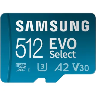 Samsung EVO Select (2024) microSD-Karte + SD-Adapter, 512 GB, Speicherkarte für Smartphone und Tablet, UHS-I U3, 4K UHD, Full HD, 160 MB/s Lesen, MB-ME512SA/EU