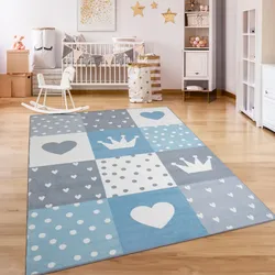 Kinderteppich PACO HOME "Eliz 391", blau, B:200cm H:12mm L:280cm, Polyester, Teppiche, Kurzflor, Spielteppich, Patchwork-Muster, Motiv Krone, Herz & Punkte