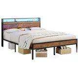 MSMASK Metallbett mit 3 USB-Anschlüssen und LED Beleuchtung, Vintage Braun (1-tlg., Ohne Matratze), 140×190cm braun 140 cm x 205 cm x 80.5 cm
