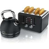Arendo Frühstücks-Set, Wasserkocher Edelstahl 1,7l, Toaster 4 Scheiben Kurzschlitz, Frühstücksset, Wasserkocher Retro, Toaster Vintage, 2 Röst... - Schwarz