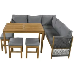 Merax Event-Sofa-Esstisch- und Hocker-Set mit bequemen Kissen, Terrassenmöbel, Outdoor-Tisch- und Stuhl-Set für 7–8 Personen,  grau
