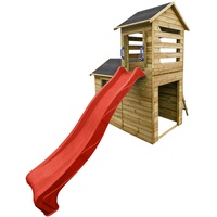 4IQ Group Spielhaus Kinder Outdoor Holzhaus 118 x 248 cm - Gartenhaus Kinder Spielturm mit Rutsche - Spielhäuser aus Naturmaterial - Garten Spielhaus Modularer Aufbau (Rote Rutsche)