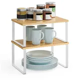 Songmics Gewürzregal, 2er Set Küchen-Organizer, Küchenregal, Schrank-Organizer Küche, erweiterbar, kleines Regal, stapelbar, Metall und Holzwerkstoff, wolkenweiß-naturbeige KCS02NW