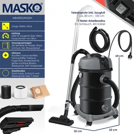 Masko MASKO® Industriestaubsauger Staubsauger Nass Trocken Sauger Edelstahl 2300W + Steckdose | Blasfunktion | Trocken-Saugen & Nass-Saugen Push&Clean Industrie-Sauger mit ohne Beutel beutellos