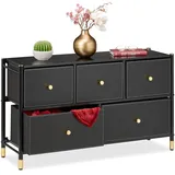Relaxdays Kommode, HxBxT: 58,5 x 100 x 30 cm, 5 Schubladen, Sideboard Stoff & Stahl, Schubladenschrank, schwarz/Gold