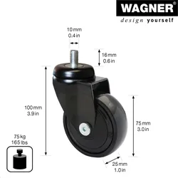 WAGNER 360° - 3C Design-Rolle - Ø 75 mm, soft, Kugellager, Gewindestift 10x16 mm, schwarz, Tragkraft 75 kg - 01227766