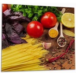 Wallario Herd-Abdeckplatte Italienisches Menü mit Spaghetti, Tomaten, Basilikum und Gewürzen, ESG-Sicherheitsglas, (Glasplatte, 1 tlg., inkl. 5mm Noppen), verschiedene Größen gelb 60 cm x 52 cm