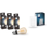 Philips Hue White Ambiance E27 Edison ST64 Filament 550lm, dimmbar, alle Weißschattierungen, App-Steuerung -3er Pack inkl. Hue Dimmschalter für kabelloses Dimmen und Lichtszenenabruf, Weiß