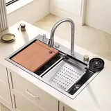 Faizee Home Wasserfall-Küchenspüle 75x45 cm – 1 Becken Nano Edelstahlspüle Silber mit Sprudelwasserhahn, 4-fach Armatur, Überlauf, Siphon, Ablaufgarnitur – modernes Spülbecken mit Zubehör