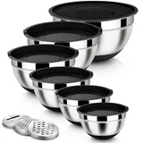Homikit Rührschüssel Set, 6-tlg Edelstahl Schwarz Schüssel Salatschüssel mit 3 Reibenaufsätzen zum Mischen & Verrühren, Luftdichtem Deckel & Silikonboden, 4,6l/2,8l/2,5l/1,6l/1,2l/0,7l, Stapelbar