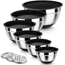 Homikit Rührschüssel Set, 6-tlg Edelstahl Schwarz Schüssel Salatschüssel mit 3 Reibenaufsätzen zum Mischen & Verrühren, Luftdichtem Deckel & Silikonboden, 4,6l/2,8l/2,5l/1,6l/1,2l/0,7l, Stapelbar