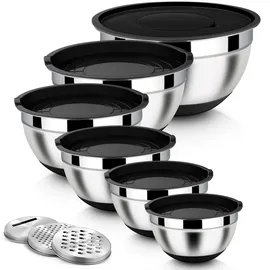 Homikit Rührschüssel Set, 6-tlg Edelstahl Schwarz Schüssel Salatschüssel mit 3 Reibenaufsätzen zum Mischen & Verrühren, Luftdichtem Deckel & Silikonboden, 4,6l/2,8l/2,5l/1,6l/1,2l/0,7l, Stapelbar