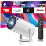 Mini Beamer 4K, 1080p Smart Beamer mit WiFi6 und Bluetooth5.0, 220°-Dreh Android11.0 Klein Projektor Automatischer Trapezkorrektur Tragbarer Projektor mit HDMI/TV-Stick/USB/Laptop für Heimkino