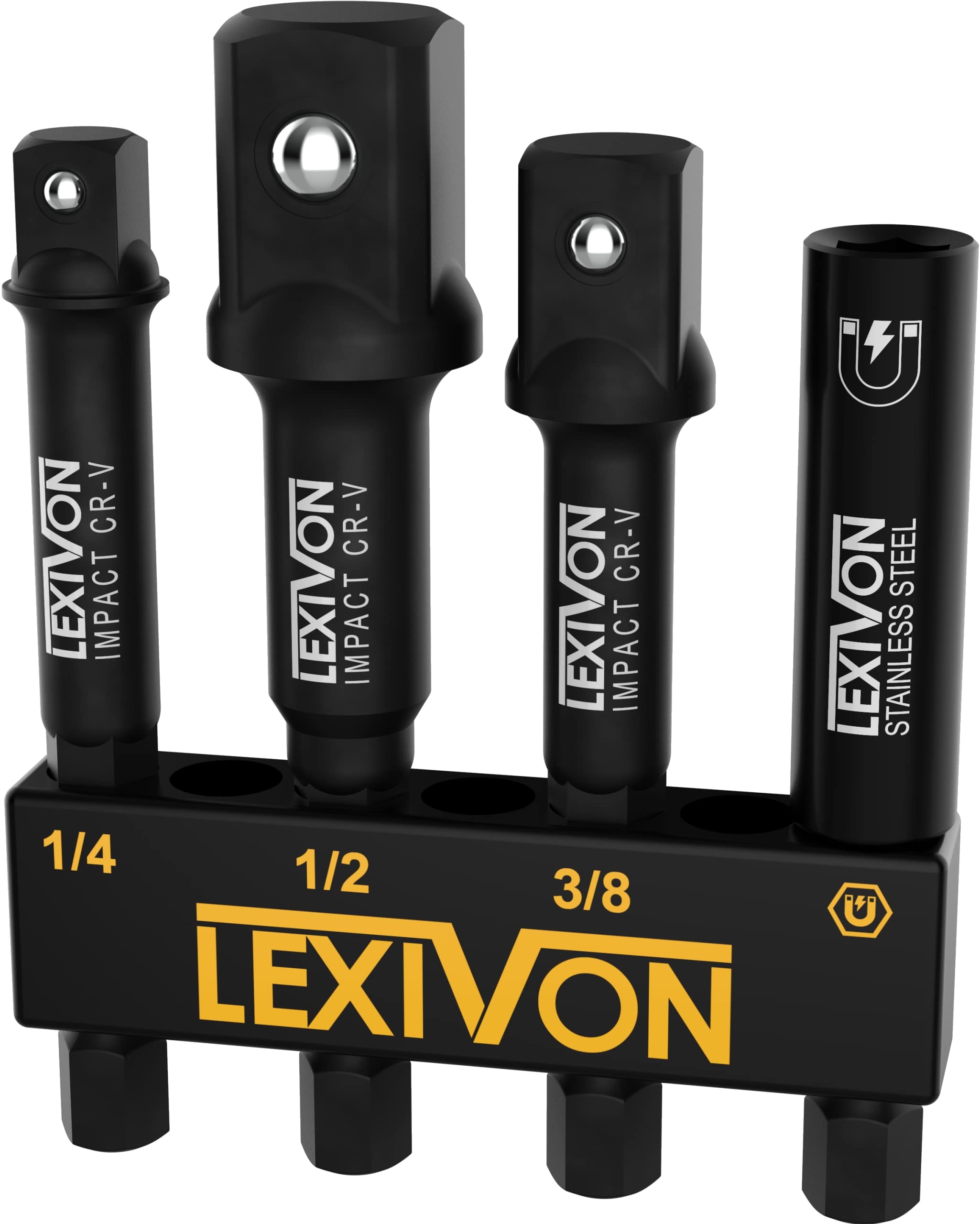LEXIVON Impact Stecknuss Adapter bit & Magnetic bithalter Set | 4 Stück of 1/4-Inch Hex Shank Extension auf 1/4", 3/8", and 1/2" Drive (6.35 | 9.5 | 12.7mm)