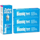 Bioniq® Repair-Zahncreme, 4 x 75 ml & Zahn-Milch im Set, 1 x 400 ml - Zahnpasta mit künstlichem Zahnschmelz und Zahnfleisch-Schutz und reparierende Mundspülung