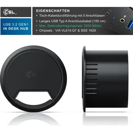 CSL USB 3.2 Gen1 Tisch Kabeldurchführung - Tischkabeldose Multi In Desk USB Hub - 2 x USB 3.2 Gen 1 - 1 x USB C 3.2 Gen1 - 2 x 3,5mm Klinke