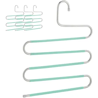 Relaxdays Mehrfach Hosenbügel, 4er Set, S-Form, 5 Stangen, rutschfest, platzsparende Multibügel, Metall, silber/mint