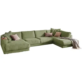 KAWOLA Wohnlandschaft U-Form Madeline Cord Longchair links olivgrün