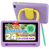 Happybe 7 Zoll, Android 16, 24(3+21)GB+128GB+1TB erweiterbar, WiFi 6, Kinder Tablet (7", 128 GB, Android) lila