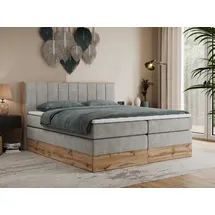 MKS Meble King Boxspringbett 160x200 mit Bettkasten Eiche, Polsterbett mit Matratze H3, Bett mit Rahmen in Wotan Eiche und Kopfteil... - Hellgrau