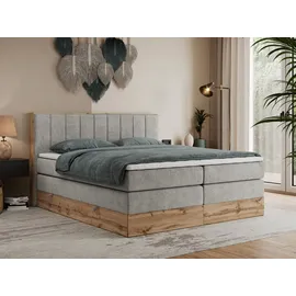 MKS Meble King Boxspringbett 160x200 mit Bettkasten Eiche, Polsterbett mit Matratze H3, Bett mit Rahmen in Wotan Eiche und Kopfteil... - Hellgrau