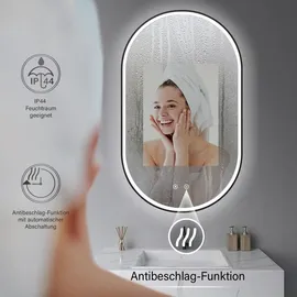 Hoko Badspiegel LED Antibeschlag Wandspiegel Oval 45x75cm mit Aluminium-Rahmen+LED Wechsel Warmweiß-Kaltweiß-Neutral 2700-6500K.Touch Schalter.Ra... / Schwarz